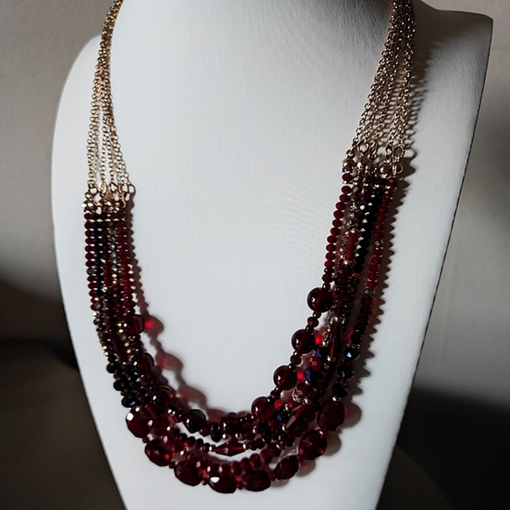NRQ Ruby Red Faceted Glass Crystal and Purple Beaded Gold Tone Necklace Signed - Picture 8 of 16